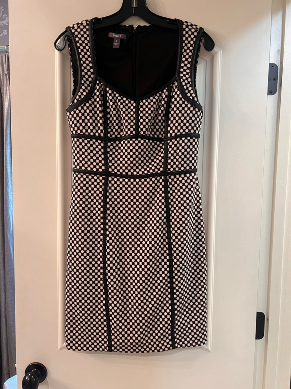 Muse Black and White Polka Dot Sheath Dress with Contrast Piping